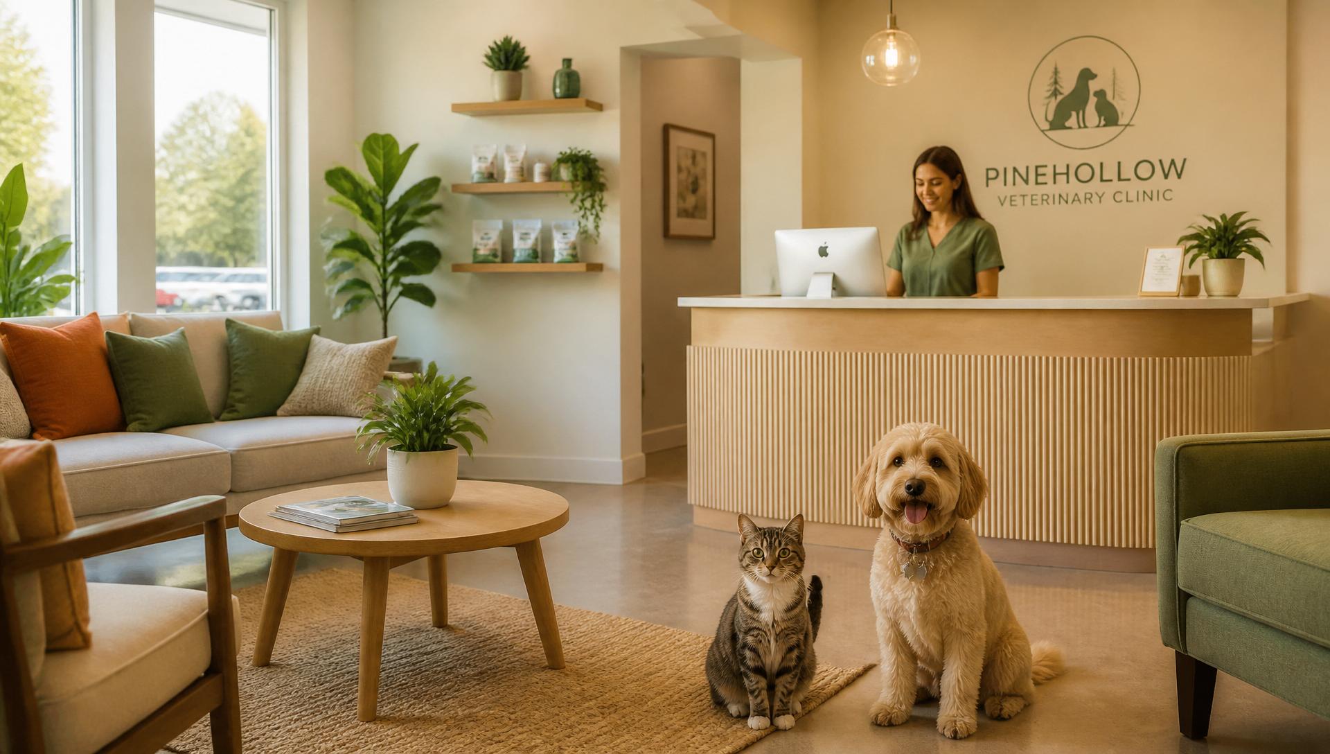 Empfangsbereich der Tierarztpraxis mit Hund und Katze